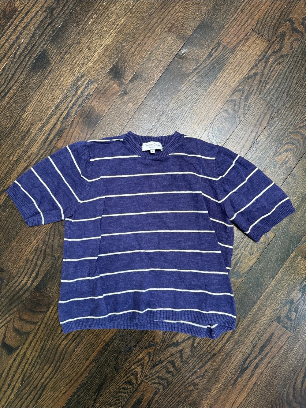 YMC London Navy Blue Striped Short-Sleeve Sweater Top